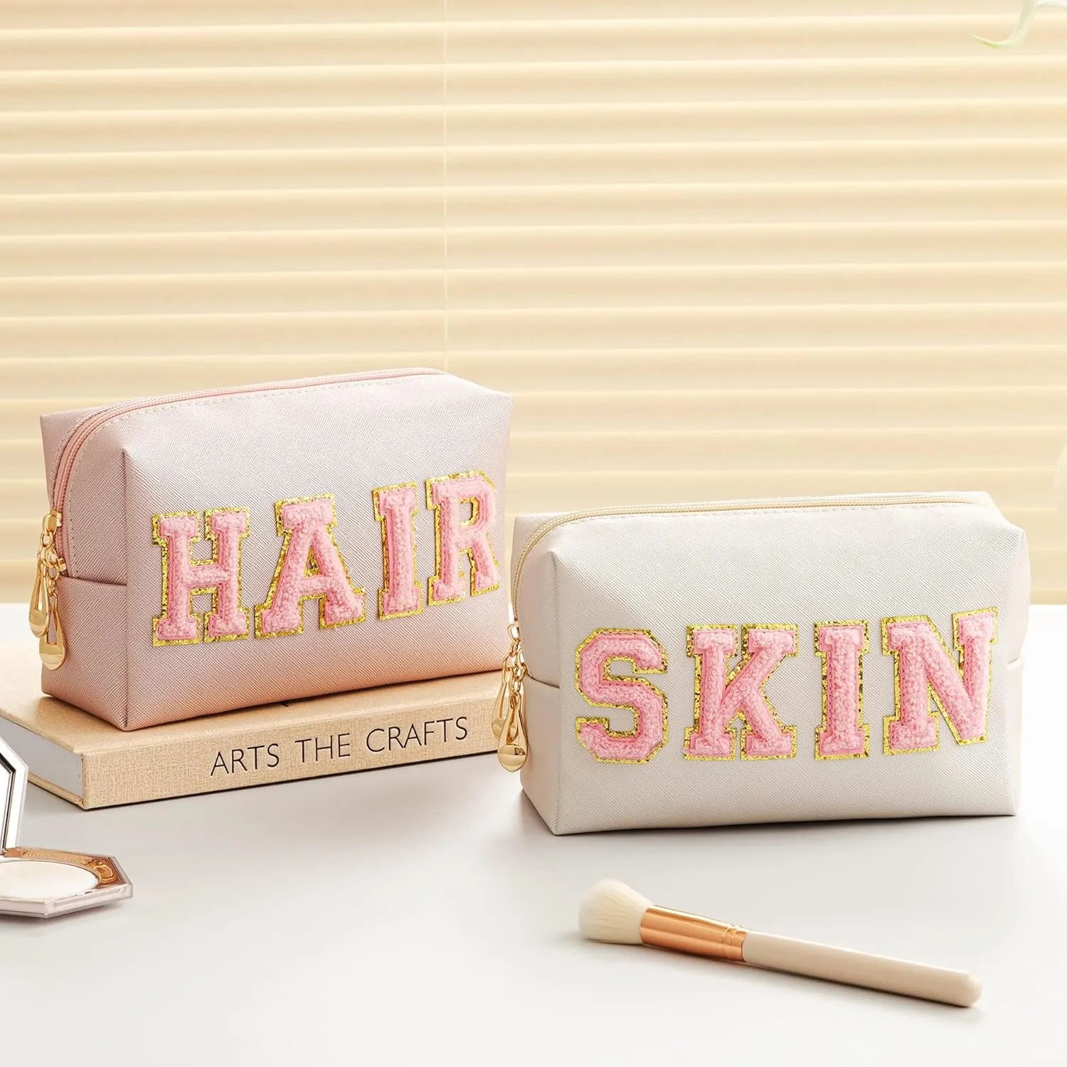 HBselect Preppy Makeup Bag 2 Pcs Travel Toiletry Bag Chenille Letter Patch Makeup Bag Portable Cosmetic Bag for Women PU Leather Waterproof Organizer Make up Bag for Women Girls (Hair Skin)