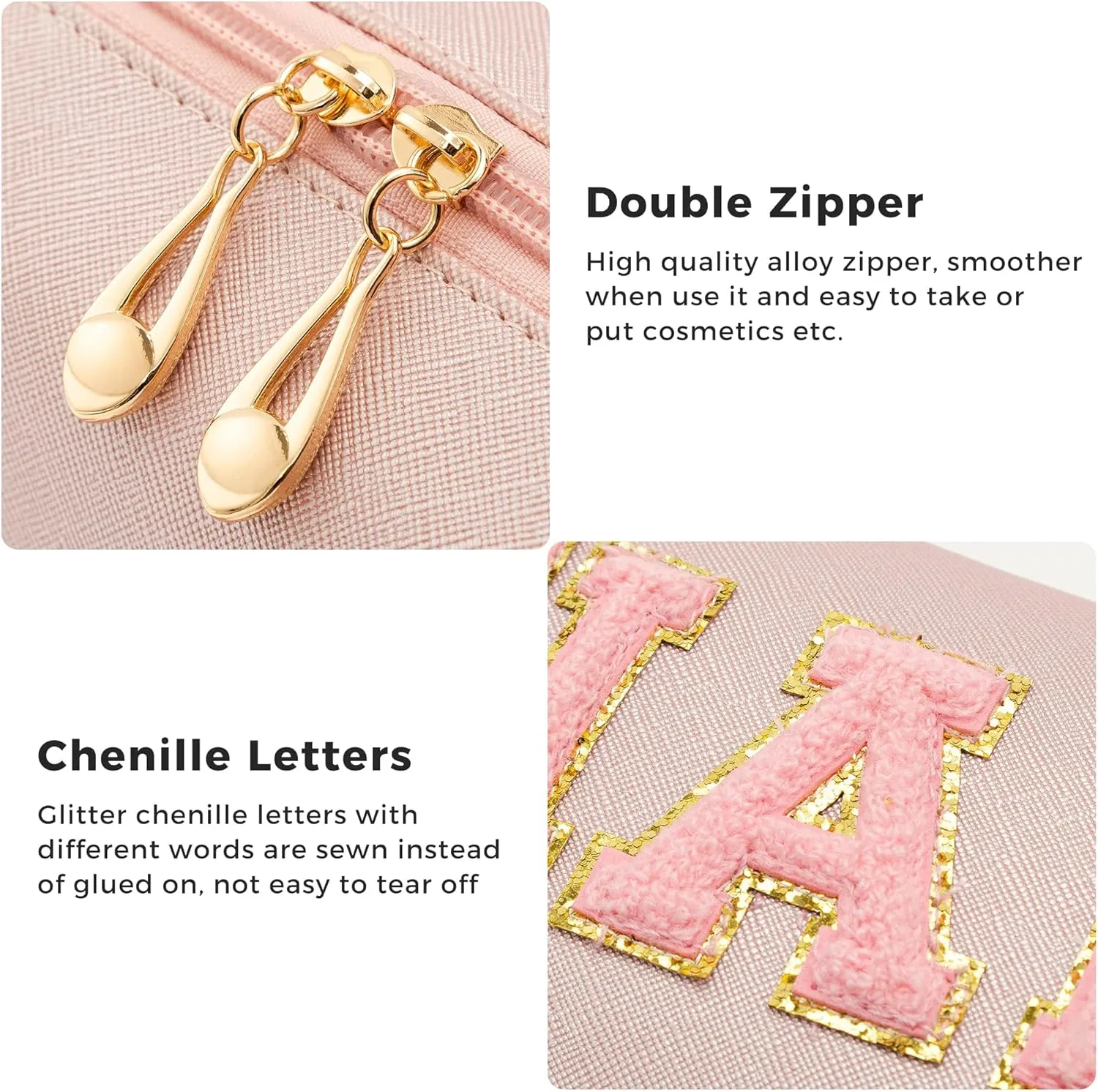 HBselect Preppy Makeup Bag 2 Pcs Travel Toiletry Bag Chenille Letter Patch Makeup Bag Portable Cosmetic Bag for Women PU Leather Waterproof Organizer Make up Bag for Women Girls (Hair Skin)