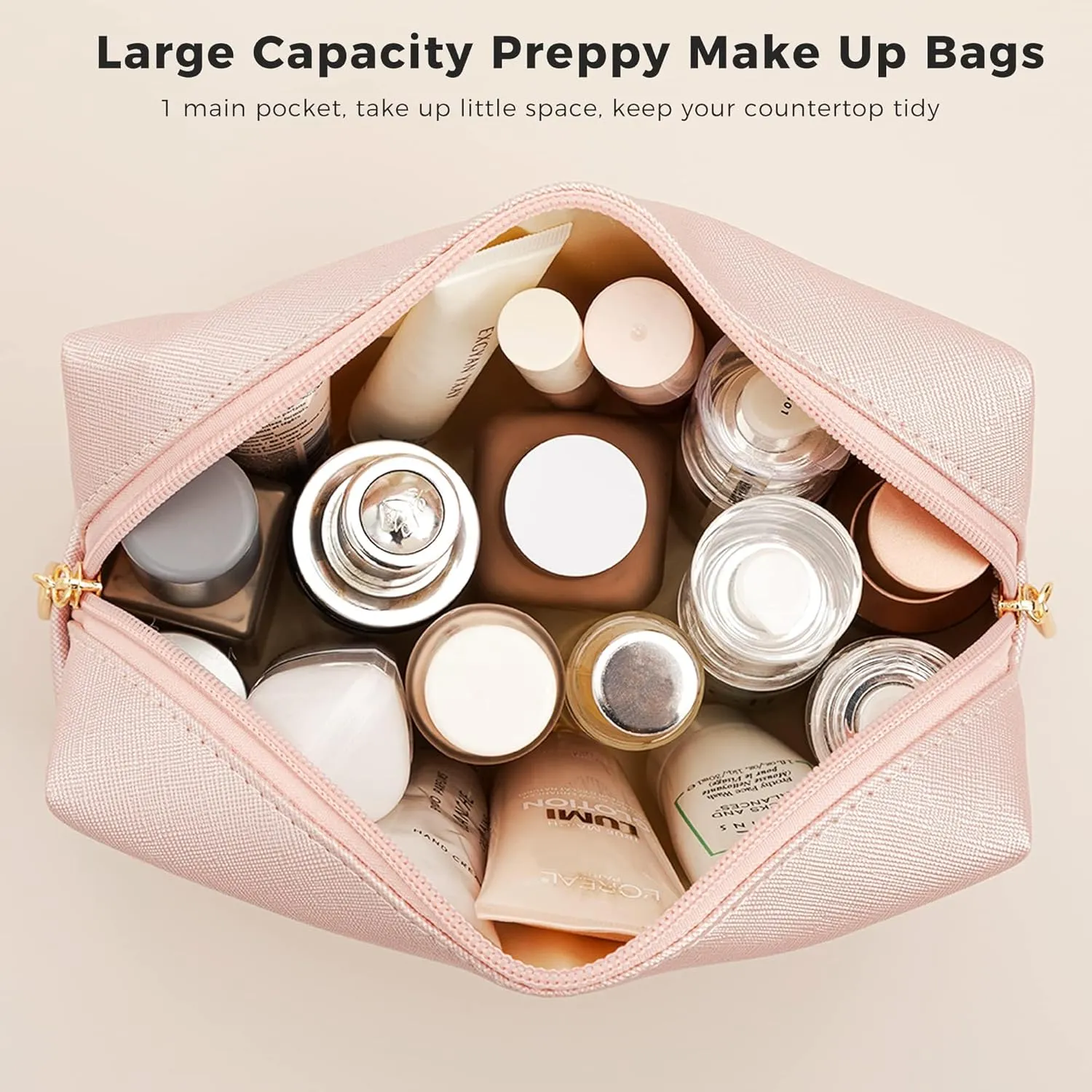 HBselect Preppy Makeup Bag 2 Pcs Travel Toiletry Bag Chenille Letter Patch Makeup Bag Portable Cosmetic Bag for Women PU Leather Waterproof Organizer Make up Bag for Women Girls (Hair Skin)