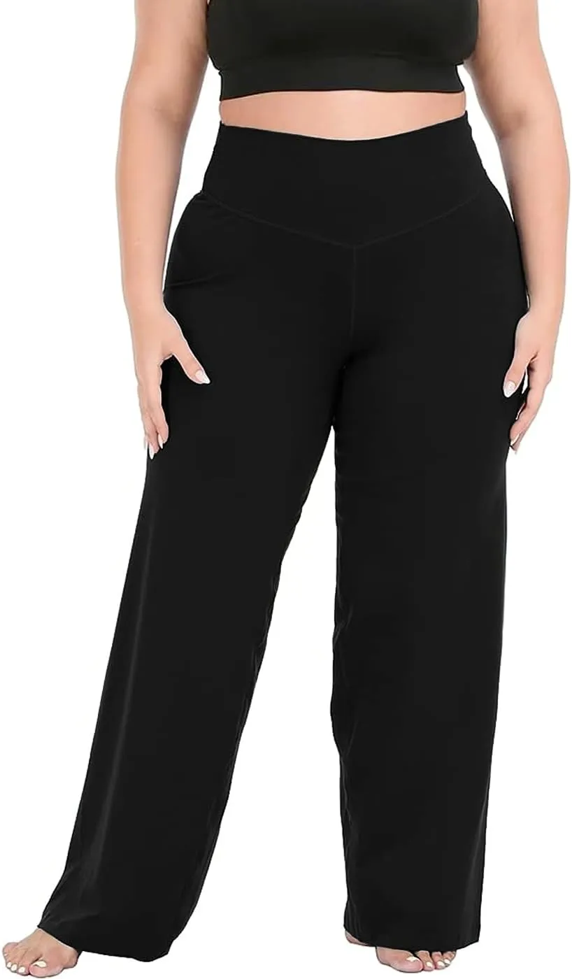 HDE Plus Size Wide Leg Cotton Yoga Pants for Women High Waist Workout Leggings