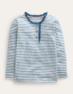 Henley Ruffle Breton Top-Ivory/Puddle Blue
