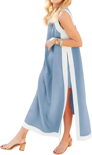 Hooever Women's 2 Piece Sets Boho Color Block Sleeveless Maxi Dress Matching Shorts with Pockets