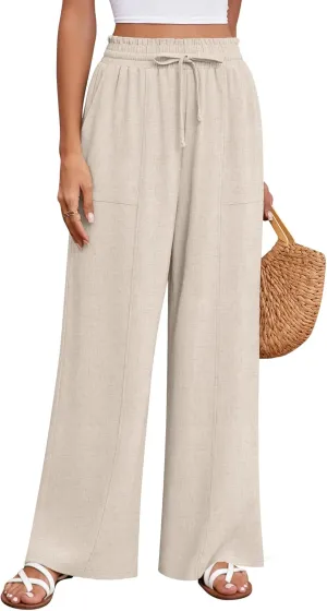 Huukeay Women's Linen Wide Leg Pants, High Waist Flowy Palazzo Pants with Pockets Drawstring Summer Casual Work Trousers