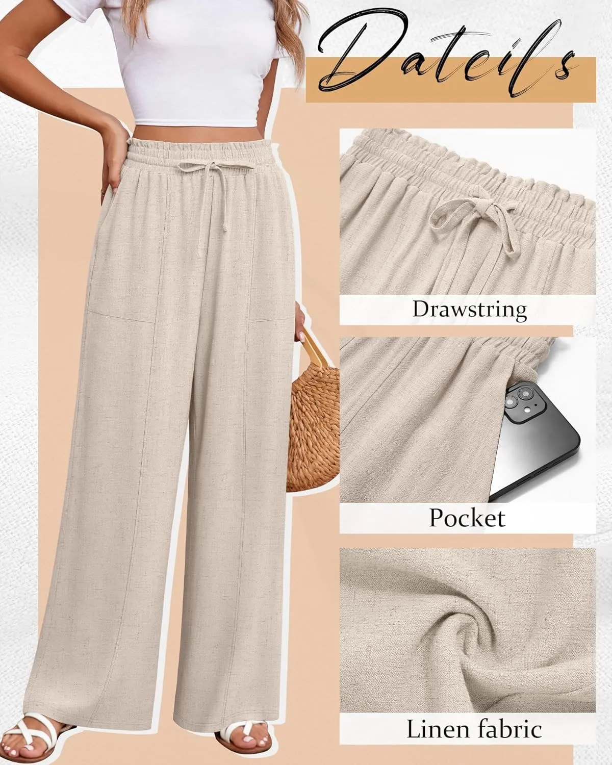 Huukeay Women's Linen Wide Leg Pants, High Waist Flowy Palazzo Pants with Pockets Drawstring Summer Casual Work Trousers