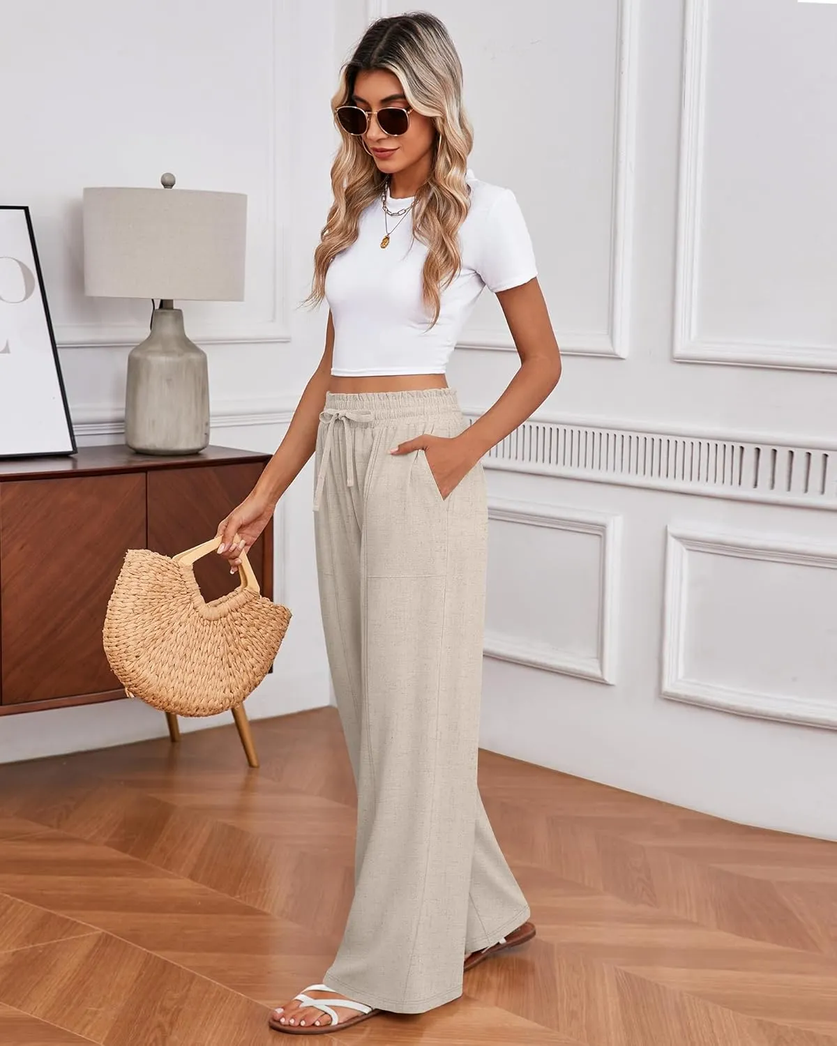 Huukeay Women's Linen Wide Leg Pants, High Waist Flowy Palazzo Pants with Pockets Drawstring Summer Casual Work Trousers