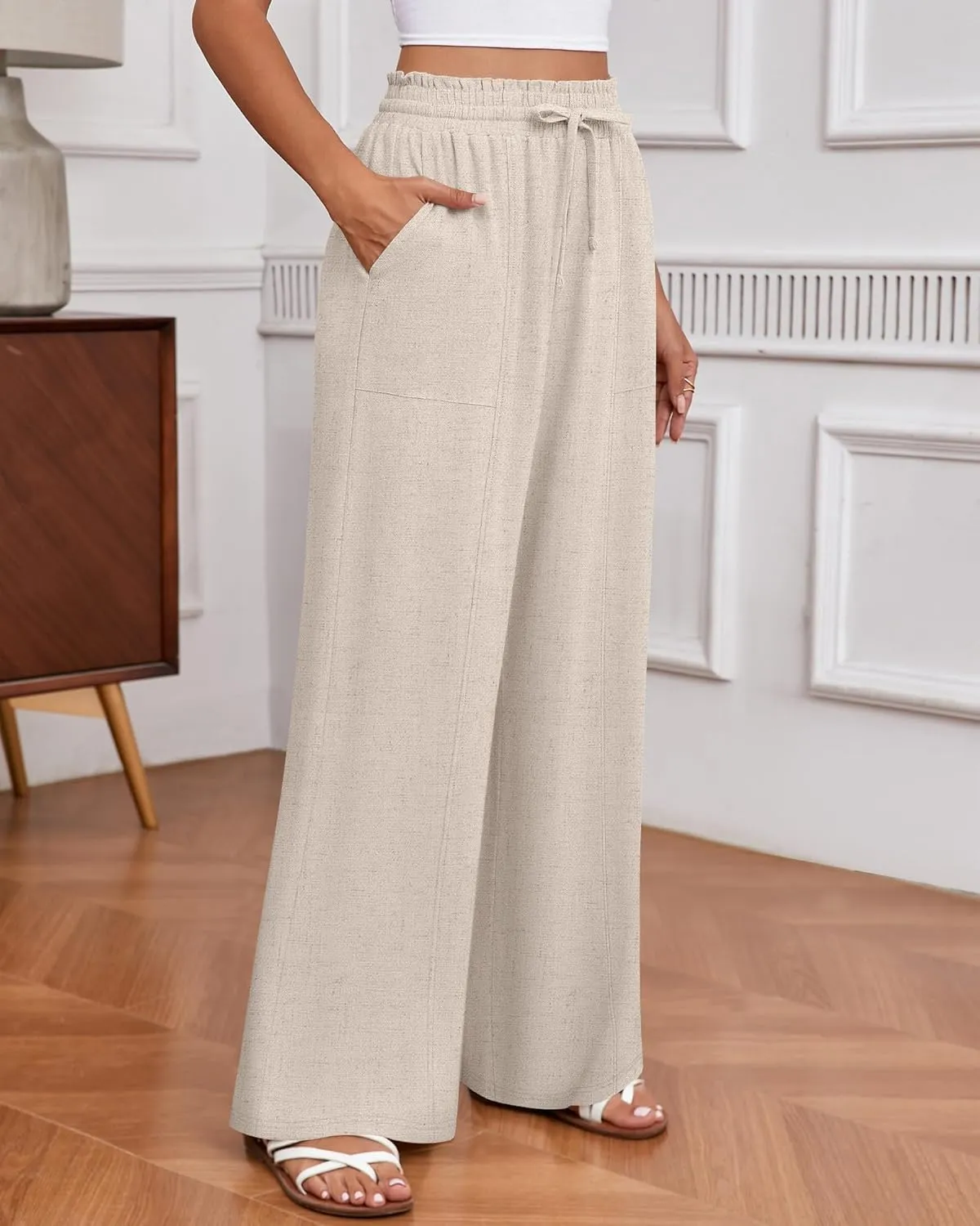 Huukeay Women's Linen Wide Leg Pants, High Waist Flowy Palazzo Pants with Pockets Drawstring Summer Casual Work Trousers