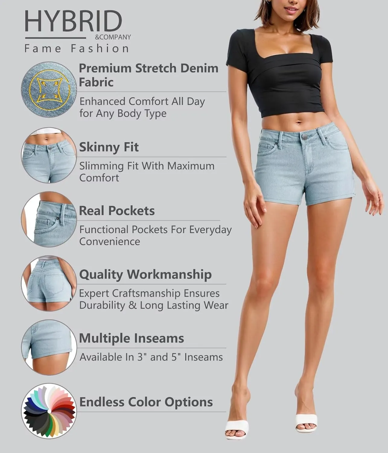 Hybrid & Company Womens Mid Rise Denim Stretchy Jean Shorts with Pockets