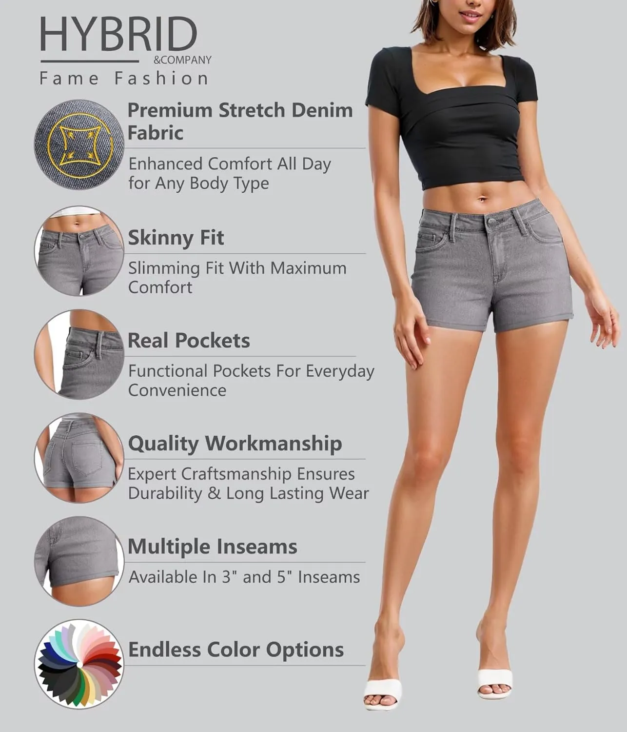 Hybrid & Company Womens Mid Rise Denim Stretchy Jean Shorts with Pockets
