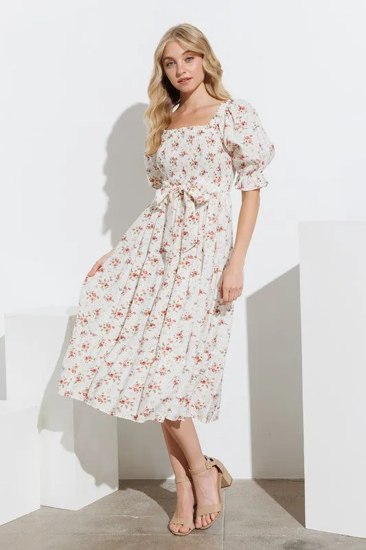 Ivory Multi Square Neck Tiered Maxi Dress W/ Bubble Sl Detail