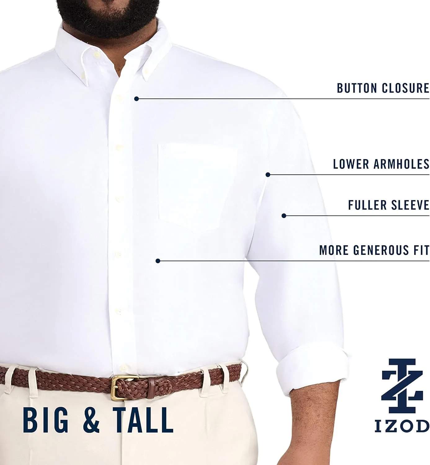 IZOD Men's Big and Tall Button Down Long Sleeve Stretch Performance Solid Shirt