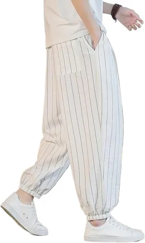 Japanese Style Stripe Summer Cotton Linen Harem Pants Men Streetwear Beach Pants Male Casual Trousers