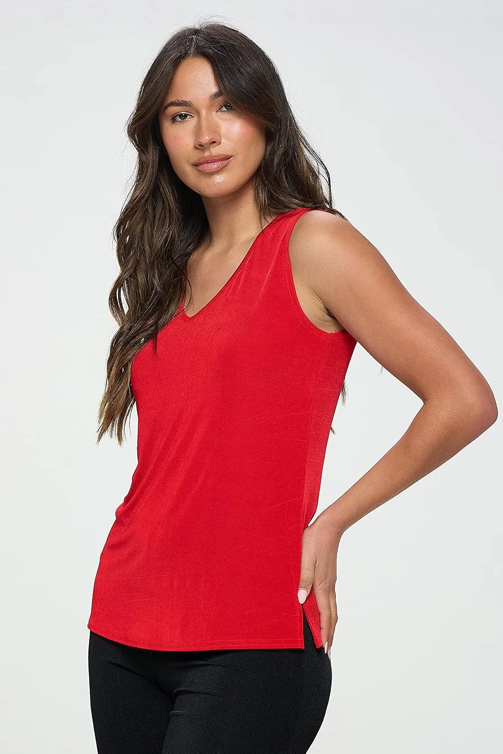 Jostar Women's Basic Tank Top - Sleeveless V-Neck Solid Print Casual T Shirts with Side Slit