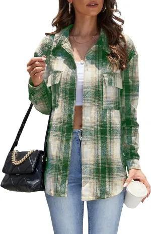 Jouica Womens 2024 Fall Clothes Plaid Shacket Jacket Long Sleeve Button Down Flannel Shirts Fashion Blouse