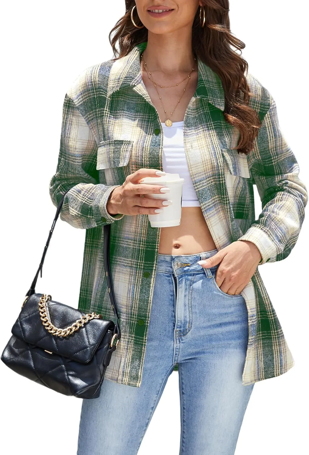 Jouica Womens 2024 Fall Clothes Plaid Shacket Jacket Long Sleeve Button Down Flannel Shirts Fashion Blouse