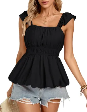Kate Kasin Cute Ruffle Babydoll Tank Tops for Women Casual Summer Square Neck Sleeveless Peplum Tops Shirts