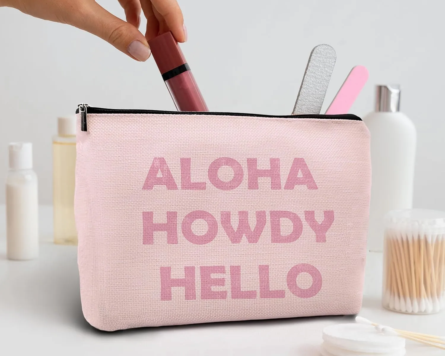 kdqua Pink Western Cowgirl Howdy Makeup Bag, Trendy Western Coastal Cowgirl Preppy Aloha Howdy Hello Linen Cosmetic Bag Zipper Pouch Travel Toiletry Bag, Teens Girls Gifts for Women Sister