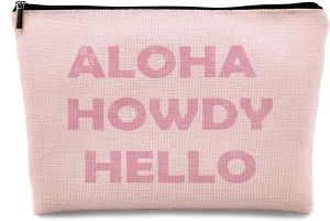 kdqua Pink Western Cowgirl Howdy Makeup Bag, Trendy Western Coastal Cowgirl Preppy Aloha Howdy Hello Linen Cosmetic Bag Zipper Pouch Travel Toiletry Bag, Teens Girls Gifts for Women Sister