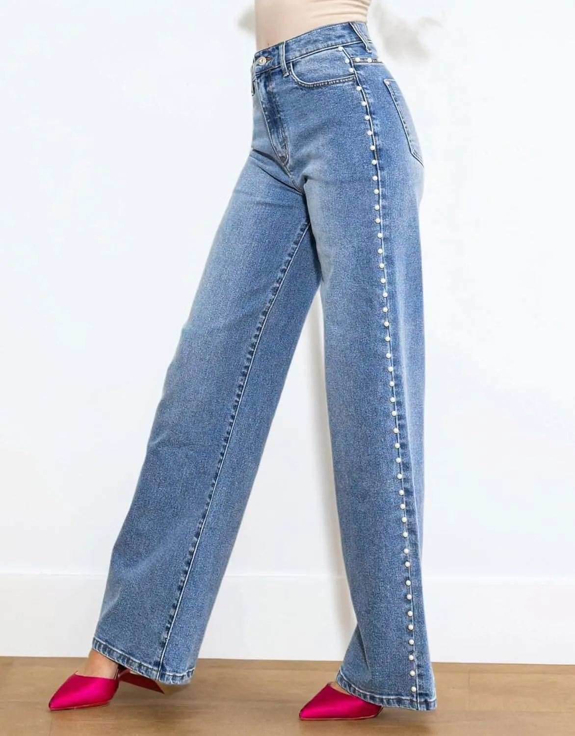 Kedera Women's High Waisted Jeans Stretchy Pearl Beaded Jeans Wide Leg Casual Denim Trousers Y2K Trendy Baggy Pants