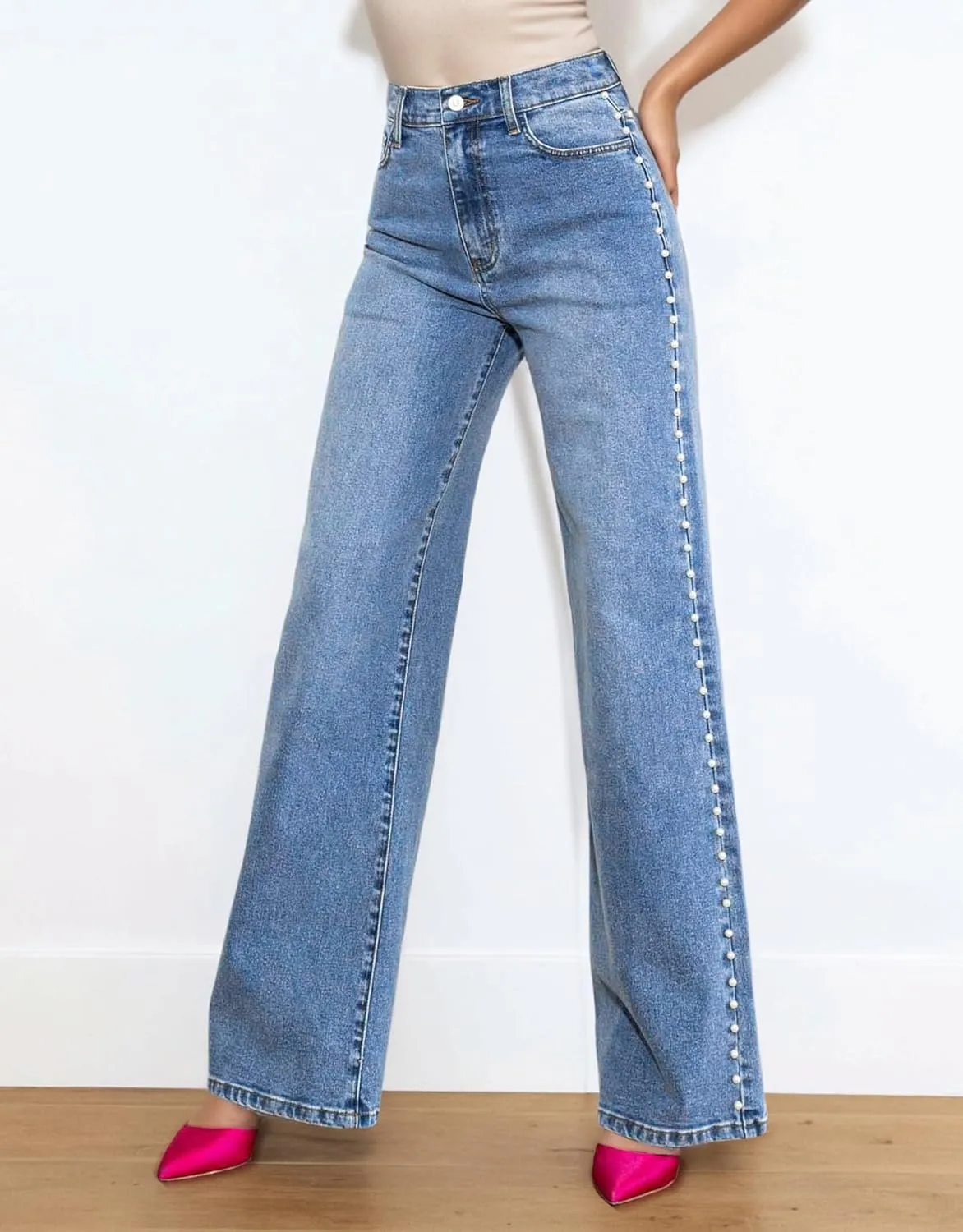 Kedera Women's High Waisted Jeans Stretchy Pearl Beaded Jeans Wide Leg Casual Denim Trousers Y2K Trendy Baggy Pants