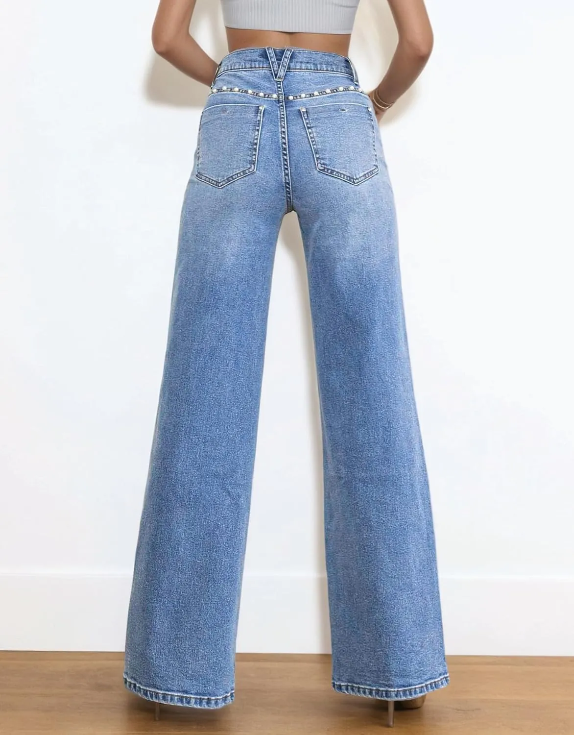 Kedera Women's High Waisted Jeans Stretchy Pearl Beaded Jeans Wide Leg Casual Denim Trousers Y2K Trendy Baggy Pants