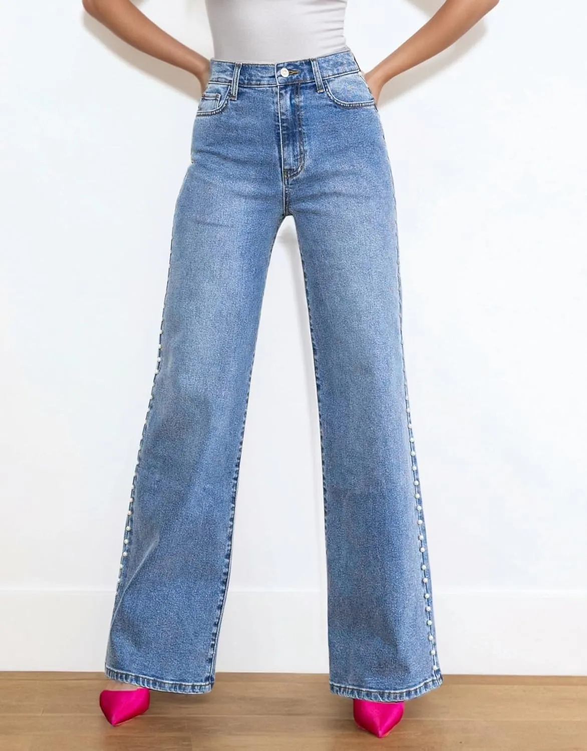 Kedera Women's High Waisted Jeans Stretchy Pearl Beaded Jeans Wide Leg Casual Denim Trousers Y2K Trendy Baggy Pants