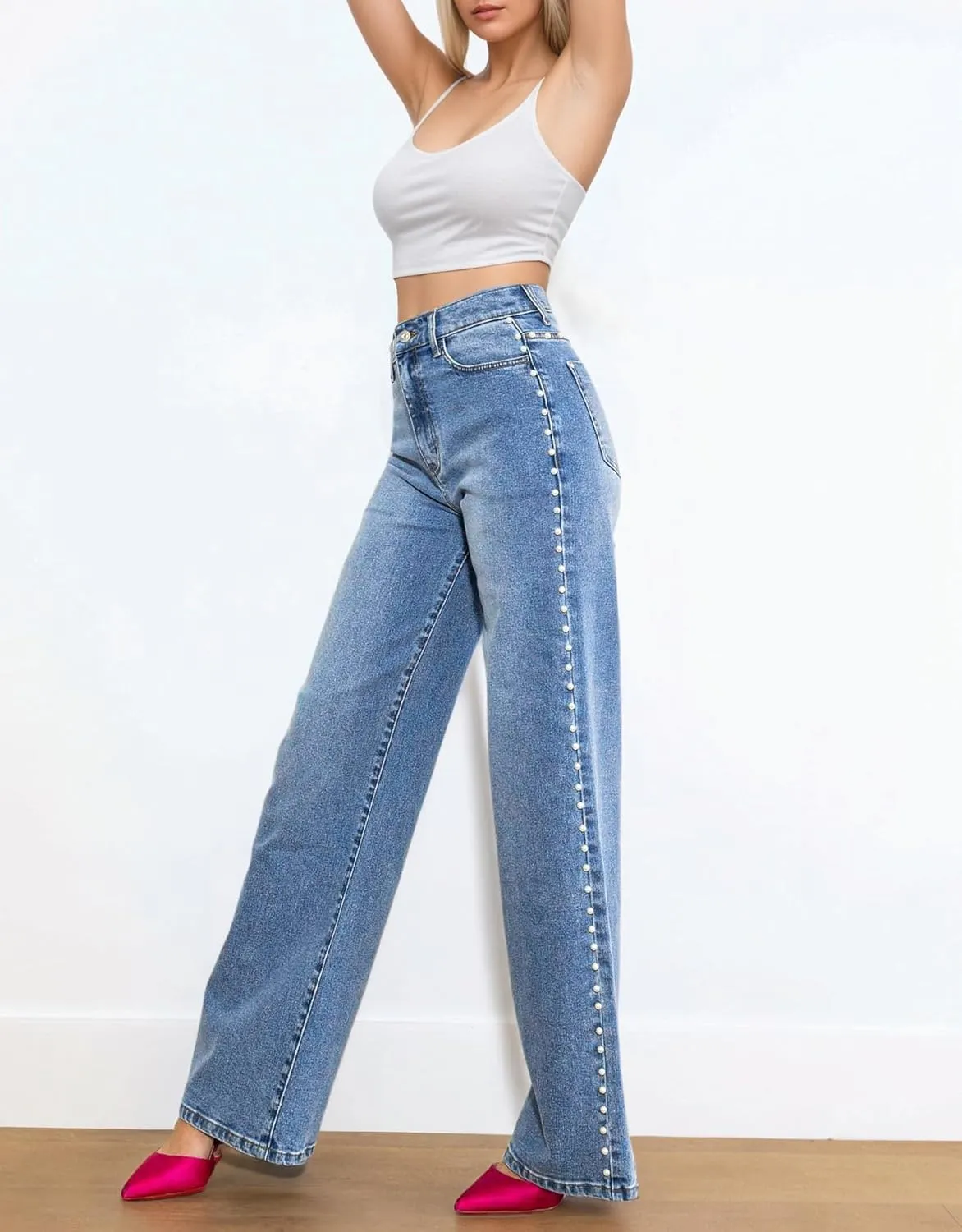 Kedera Women's High Waisted Jeans Stretchy Pearl Beaded Jeans Wide Leg Casual Denim Trousers Y2K Trendy Baggy Pants