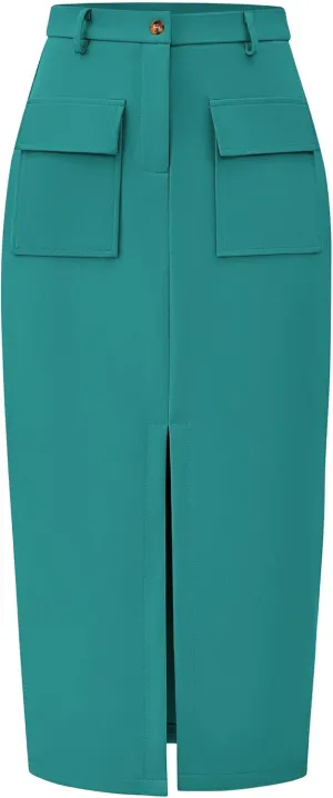 KIRUNDO Women High Waisted Cargo Midi Skirt Trendy Spring Summer Pencil Slit Dressy Casual Business Work Long Skirts