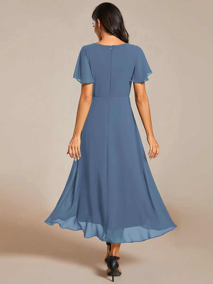 Lana | Pleated Chiffon Ruffles Sleeve Midi Bridesmaid Dress