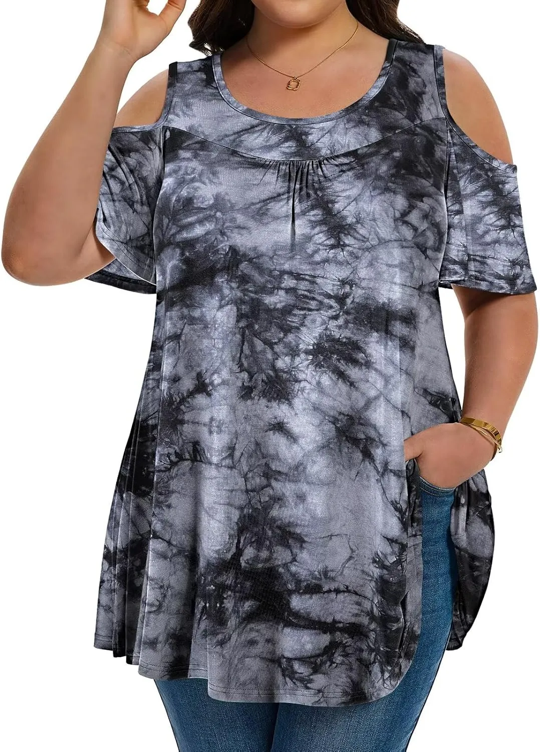 LARACE Plus Size Cold Shoulder Tops for Women Short Sleeve Tunics Shirts Loose Summer Clothes Blouses to Wear with Leggings
