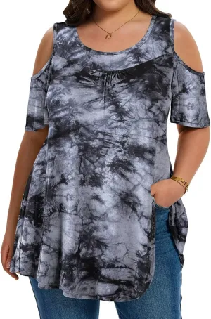 LARACE Plus Size Cold Shoulder Tops for Women Short Sleeve Tunics Shirts Loose Summer Clothes Blouses to Wear with Leggings