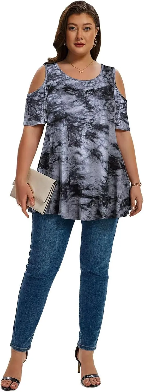LARACE Plus Size Cold Shoulder Tops for Women Short Sleeve Tunics Shirts Loose Summer Clothes Blouses to Wear with Leggings