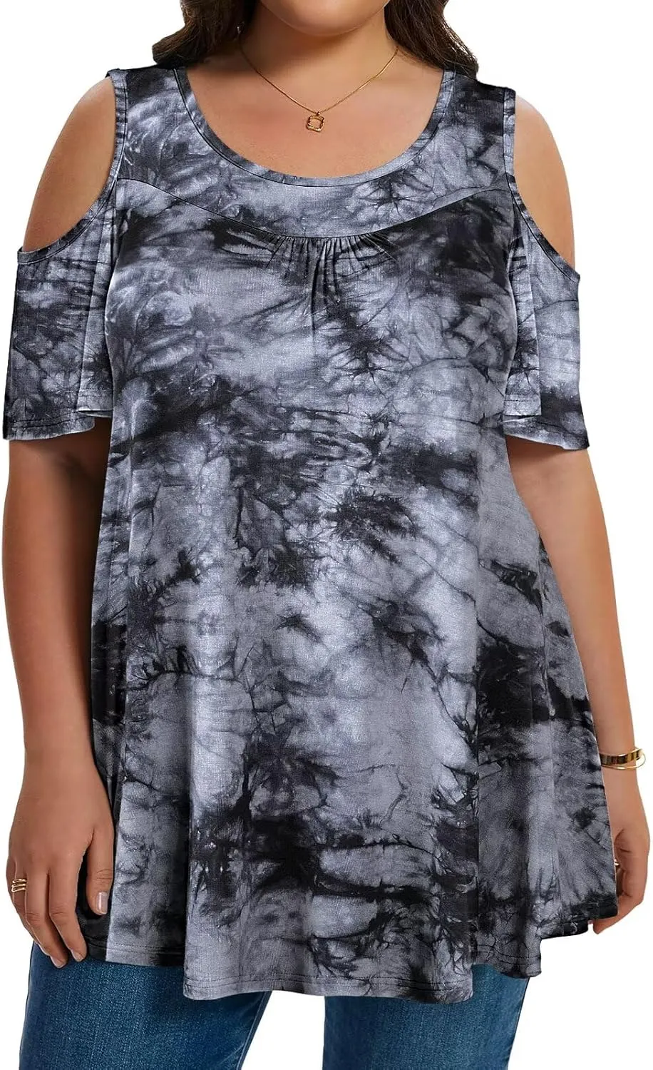 LARACE Plus Size Cold Shoulder Tops for Women Short Sleeve Tunics Shirts Loose Summer Clothes Blouses to Wear with Leggings