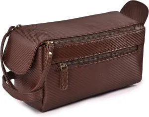 LEATHER VILLAGE Premium Carbon Fiber Leather Travel Toiletry Bag - Large Compact Dopp Kit, Water-Resistance Shaving & Cosmetic Organizer for Men & Women - Brown