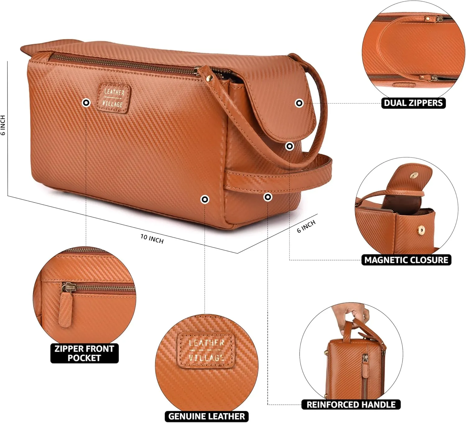 LEATHER VILLAGE Premium Carbon Fiber Leather Travel Toiletry Bag - Large Compact Dopp Kit, Water-Resistance Shaving & Cosmetic Organizer for Men & Women - Tan