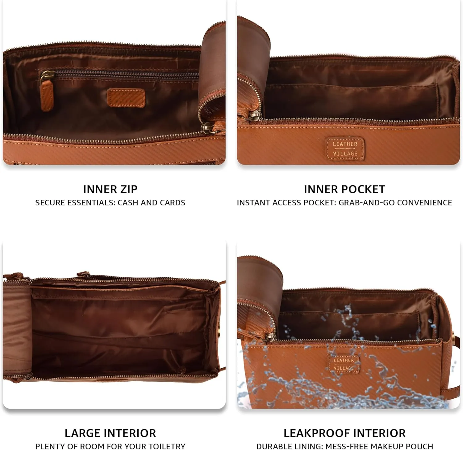 LEATHER VILLAGE Premium Carbon Fiber Leather Travel Toiletry Bag - Large Compact Dopp Kit, Water-Resistance Shaving & Cosmetic Organizer for Men & Women - Tan