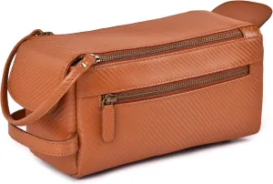 LEATHER VILLAGE Premium Carbon Fiber Leather Travel Toiletry Bag - Large Compact Dopp Kit, Water-Resistance Shaving & Cosmetic Organizer for Men & Women - Tan