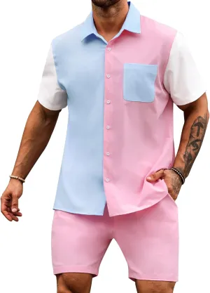 LecGee Men Summer Casual Short Sets Contrast Short Sleeve Button Down Shirt and Shorts Set 2 Piece Outfits Tracksuit