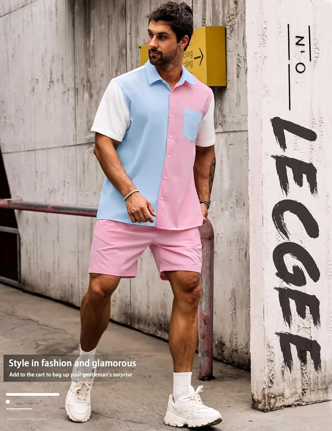 LecGee Men Summer Casual Short Sets Contrast Short Sleeve Button Down Shirt and Shorts Set 2 Piece Outfits Tracksuit