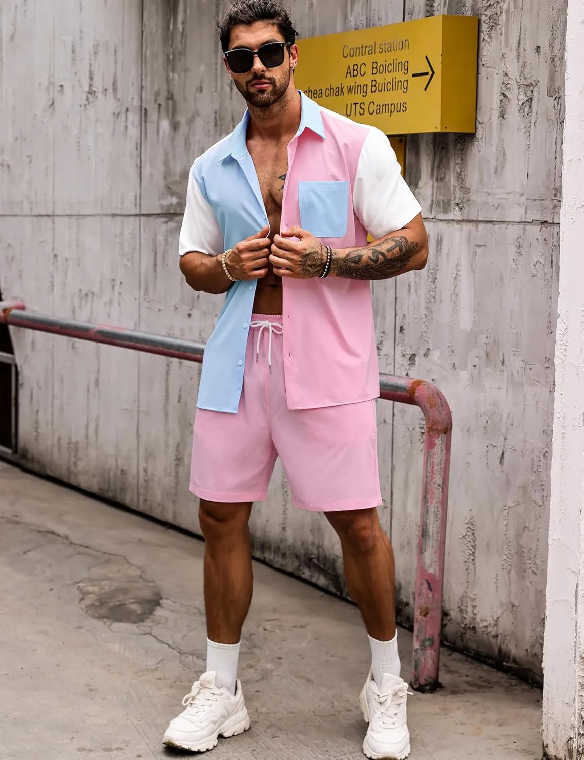 LecGee Men Summer Casual Short Sets Contrast Short Sleeve Button Down Shirt and Shorts Set 2 Piece Outfits Tracksuit
