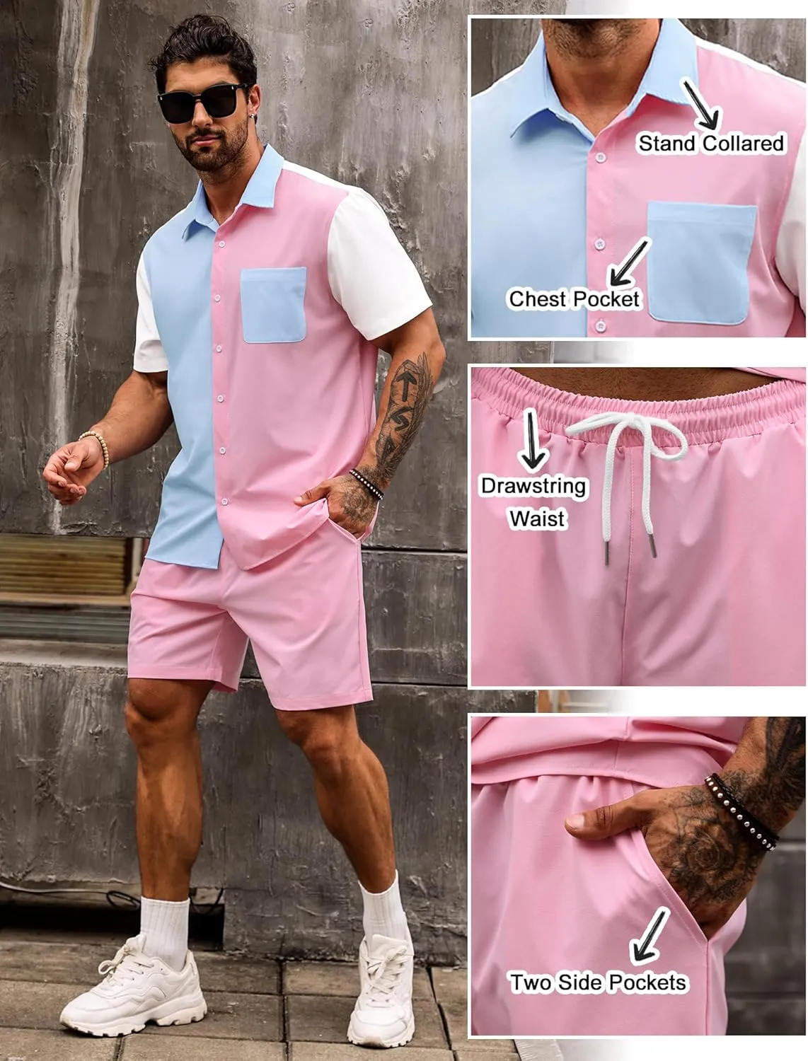 LecGee Men Summer Casual Short Sets Contrast Short Sleeve Button Down Shirt and Shorts Set 2 Piece Outfits Tracksuit