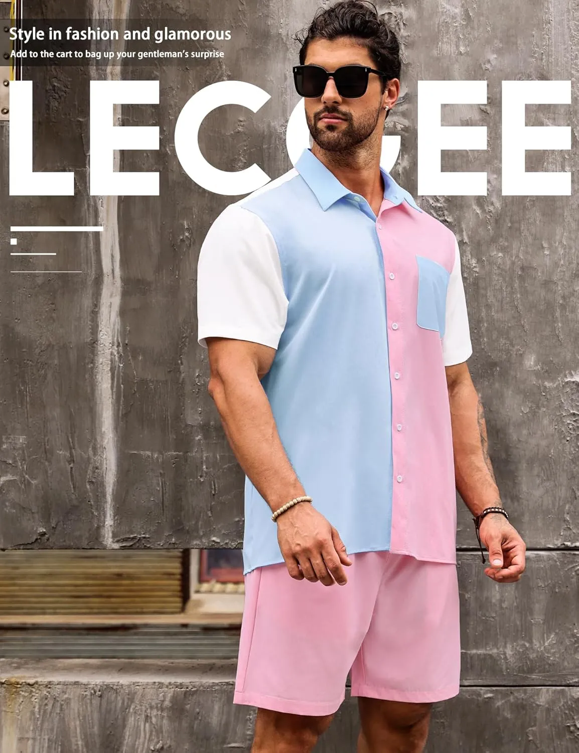 LecGee Men Summer Casual Short Sets Contrast Short Sleeve Button Down Shirt and Shorts Set 2 Piece Outfits Tracksuit