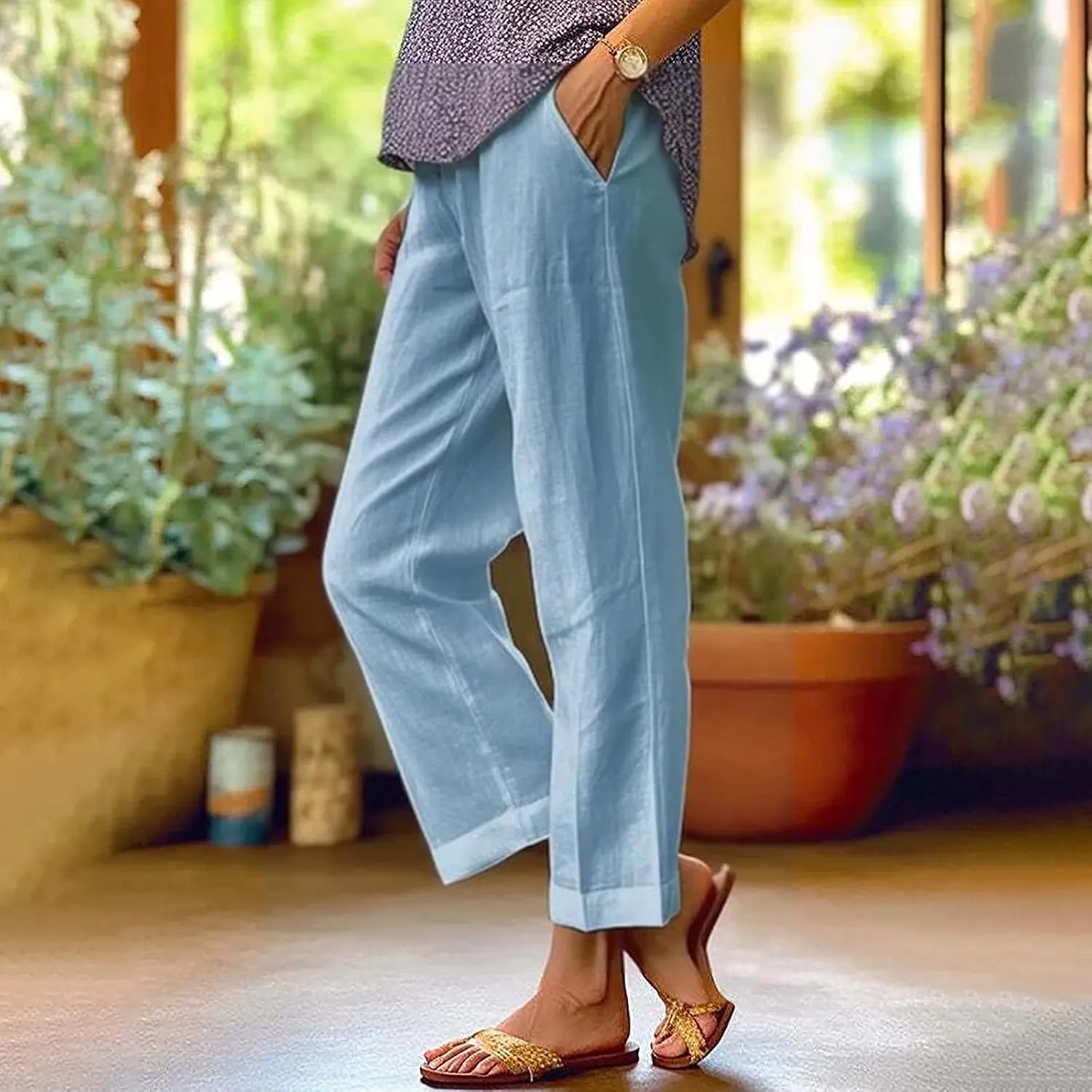 Leggings with Pockets for Women Pants Long Drawstring Linen Women Waist High Waisted Wide Leg Long Lounge Trousers