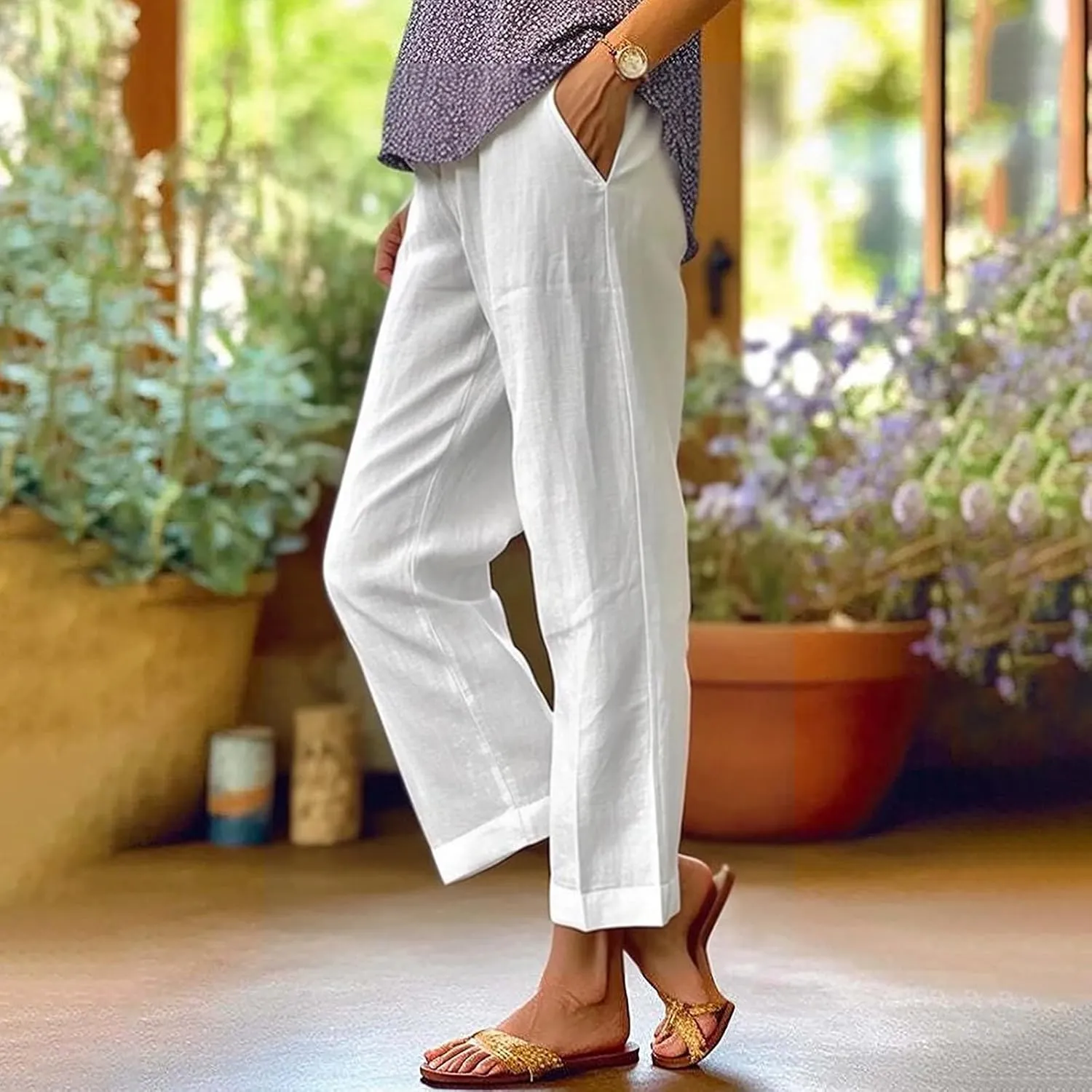 Leggings with Pockets for Women Pants Long Drawstring Linen Women Waist High Waisted Wide Leg Long Lounge Trousers