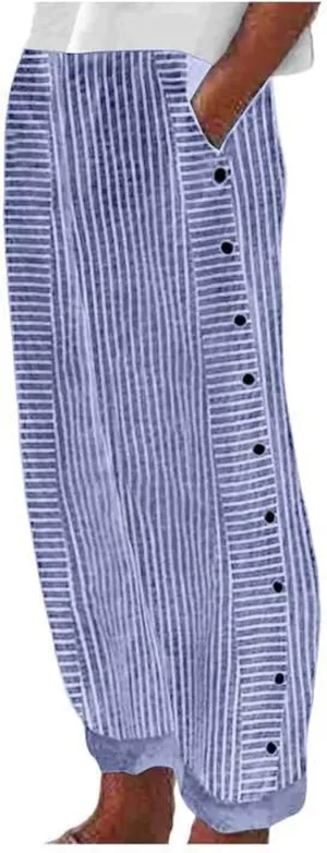 Linen Capri Pants for Women Striped Button Side High Waisted Wide Leg Pants Trendy Casual Beach Pants Summer Trousers