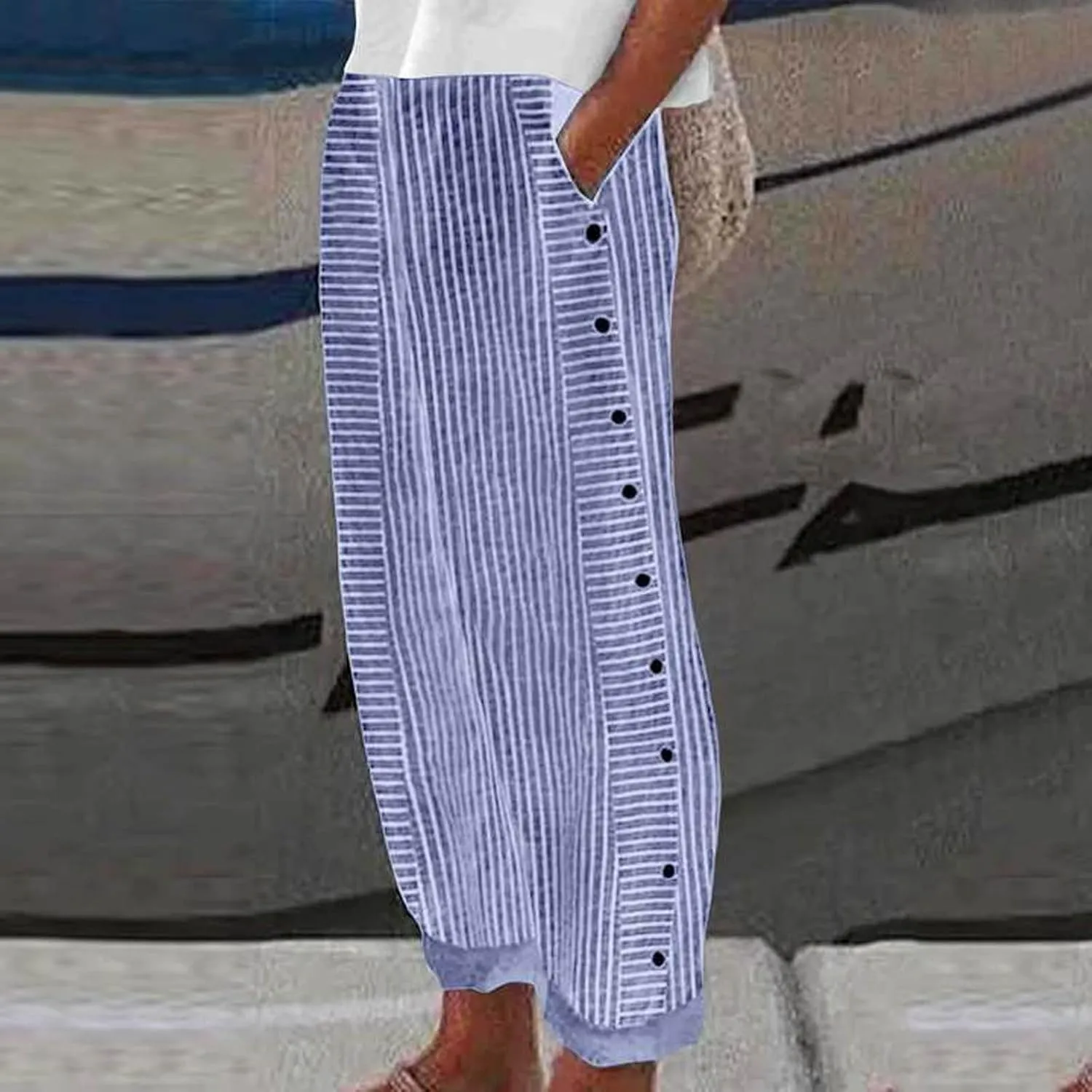 Linen Capri Pants for Women Striped Button Side High Waisted Wide Leg Pants Trendy Casual Beach Pants Summer Trousers