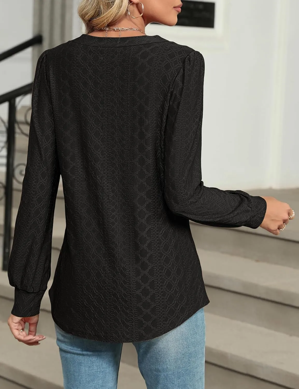LOMON Womens Long Sleeve Tops Fall V-Neck Blouses Dressy Casual Puff Sleeve Textured T-Shirts Eyelet Tunic