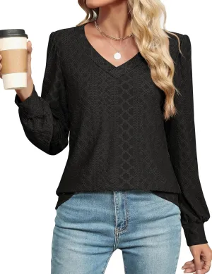 LOMON Womens Long Sleeve Tops Fall V-Neck Blouses Dressy Casual Puff Sleeve Textured T-Shirts Eyelet Tunic