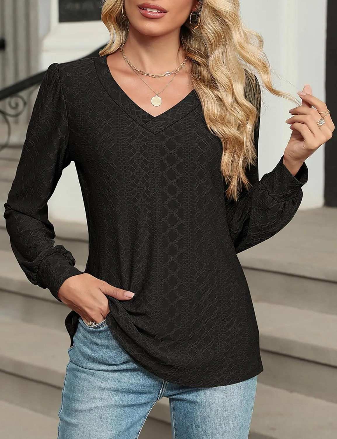 LOMON Womens Long Sleeve Tops Fall V-Neck Blouses Dressy Casual Puff Sleeve Textured T-Shirts Eyelet Tunic