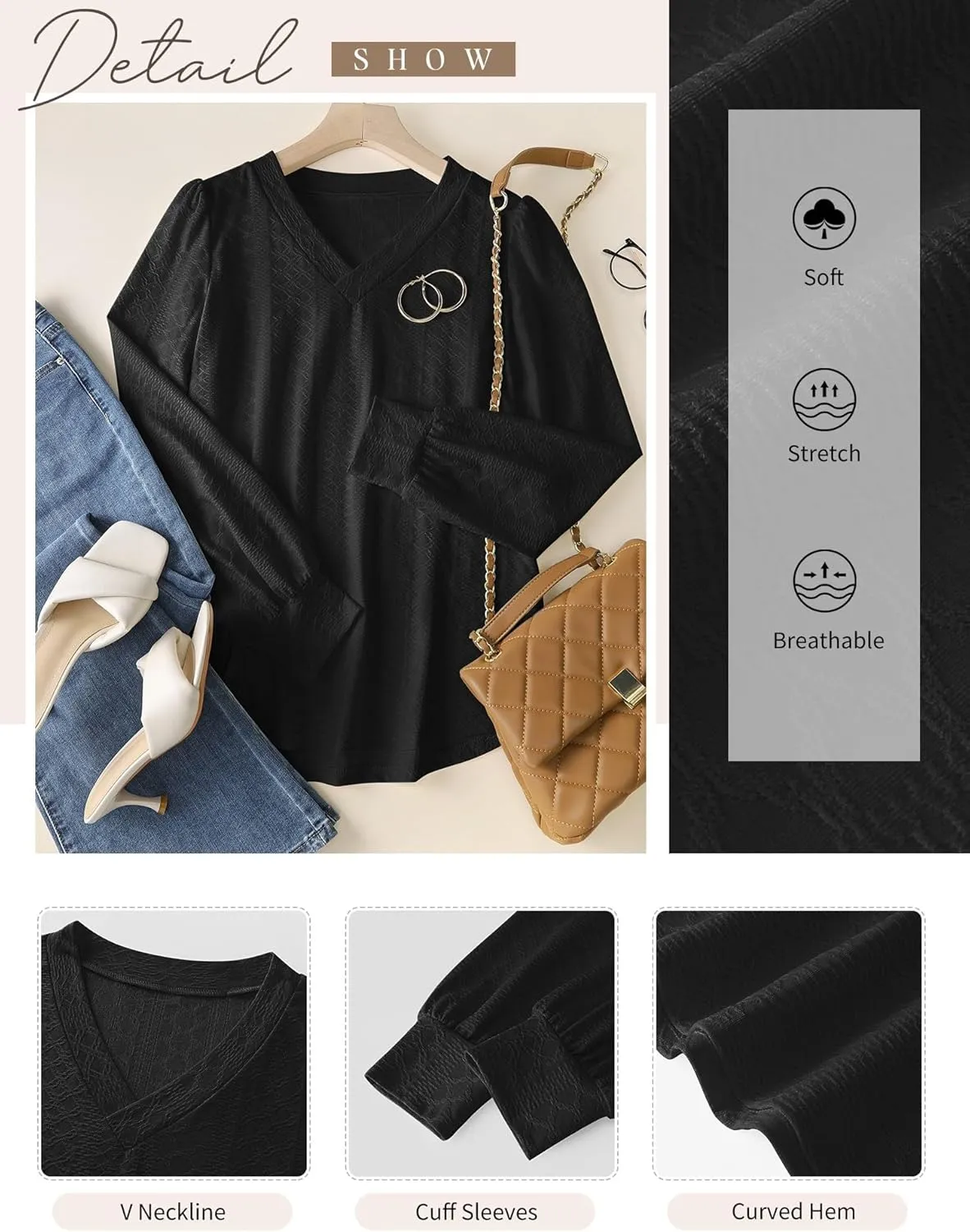 LOMON Womens Long Sleeve Tops Fall V-Neck Blouses Dressy Casual Puff Sleeve Textured T-Shirts Eyelet Tunic