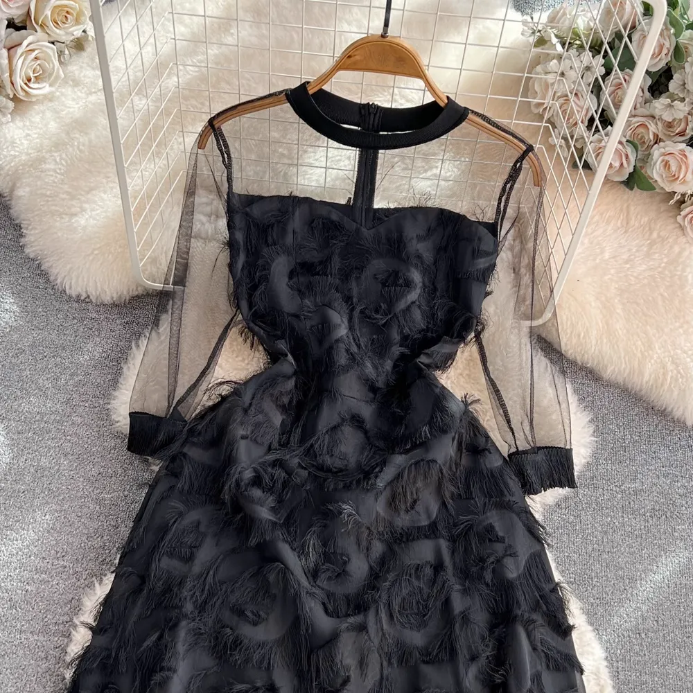 Long Sleeved Round Neck Mesh Mid Length A Line Feather Fringed Dress 1553